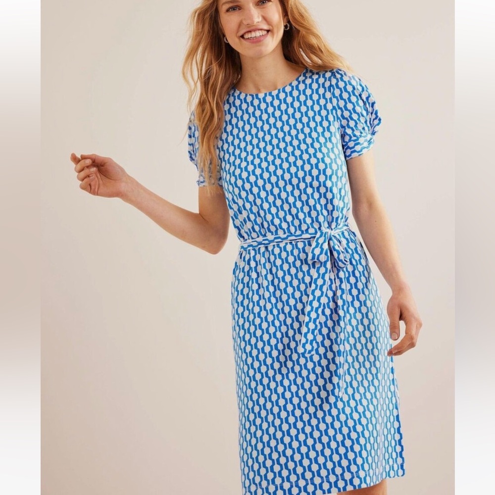 BODEN Blue White Geo Chain Print Knot Detail Short Sleeve Belted Mini